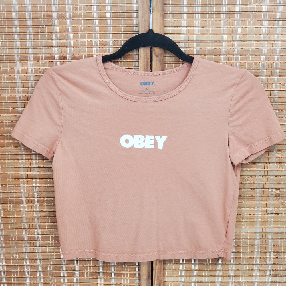 ♡ Obey Women's Blush Pink Short Sleeve Crop Top Size Medium - Picture 6 of 6